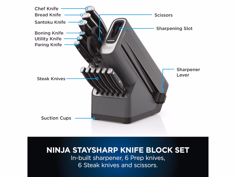 Ninja Foodi StaySharp Knife Block with Integrated Sharpener – Deluxe 14-Piece Set K32014EUUK - Auto Draw - 14th May